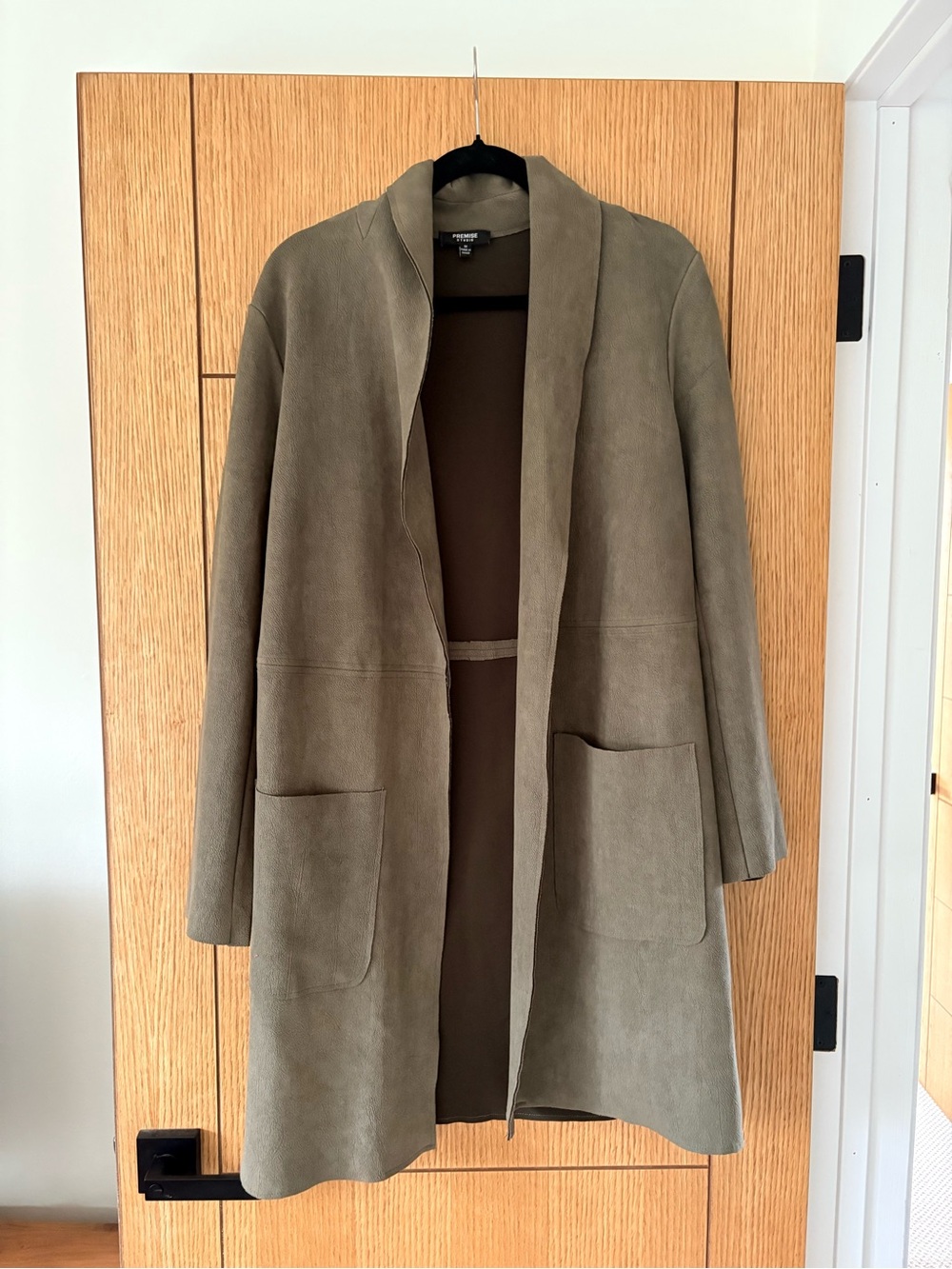 Premise Olive Green Open-Front Faux Suede Trench Coat